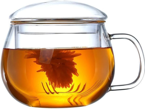 14oz Tea cup with steeper and lid, heat-resistant borosilicate glass clear tea cup for loose leaf tea, blooming tea and tea bags - ideal for tea l...