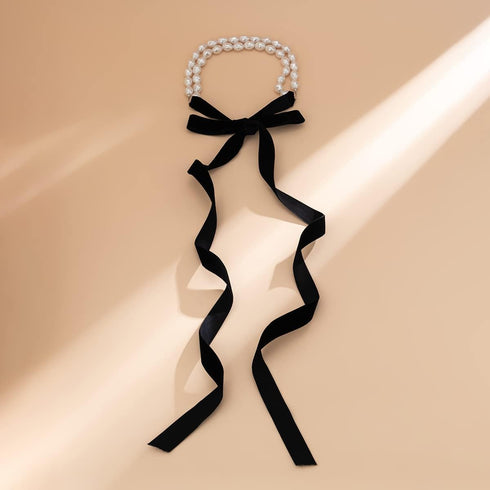 Baroque Pearl Bowknot Choker Necklace Boho Half Pearl Beaded Collar Neck Chain Black Bow Tie Long Ribbon Neck Tie Vintage Bridal Party Neck Jewelr...