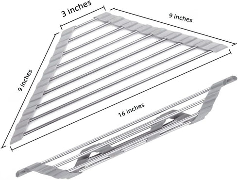 Triangle Dish Drying Rack Multipurpose Roll-up Drying Rack for Sink Corner Stainless Steel Over The Sink Corner Dish Drainer Mat for Kitchen (Grey...