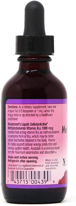 Bluebonnet Nutrition Liquid Cellular Active Methycobalamin Vitamin B12, 1000 mcg, For Cellular Energy Production and Nervous System Health, Soy-Fr...