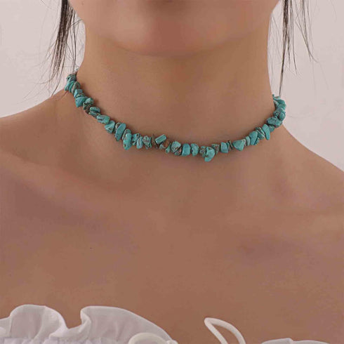 Boho Turquoise Bead Choker Necklace Short Irregular Turquoise Necklace Blue Gemstone Beaded Necklace Natural Stone Necklace Chain Jewelry for Wome...