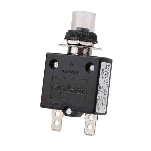 98-40A Thermal Circuit Breaker Overload Protector, 40Amp Push Button Manual Reset Circuit Breaker 32V DC 125/250VAC 50/60Hz with Quick Connect Ter...