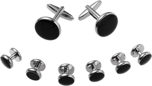 FM FM42 Mens Black Enameled Round Cufflinks Set for Clothing Shirts, Pack of 8...