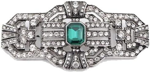 LARGE Antique Vintage Classic Art Deco Style Silver Tone Green Emerald Rhinestone Statement Bridal Wedding Brooch Pin...