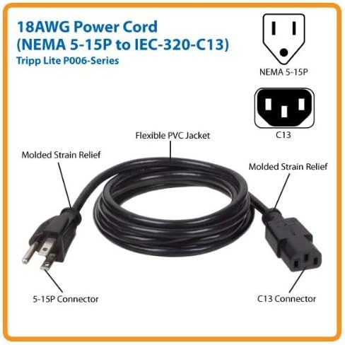 Tripp Lite Standard Computer Power Cord 10A,18AWG (NEMA 5-15P to IEC-320-C13) 6-ft.(P006-006)...