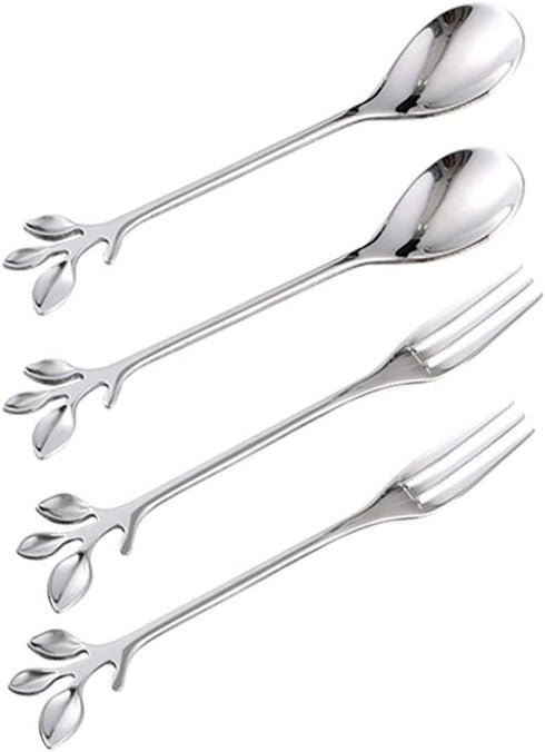 Coffee Spoon Fork 4 Pack(2 Spoons 2 Forks),Silver Leaf Retro Dessert Coffee Small Spoon Cocktail Picks Fruit Fork Flatware,4.7 Inches Stainless St...