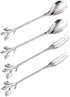 Coffee Spoon Fork 4 Pack(2 Spoons 2 Forks),Silver Leaf Retro Dessert Coffee Small Spoon Cocktail Picks Fruit Fork Flatware,4.7 Inches Stainless St...