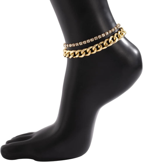 MIFYNN Tennis Anklets for Women, Layered Cuban Link Chain Gold Silver Anklets Shiny Rhinestone Anklet Bracelets Adjustable Fashion Jewelry...