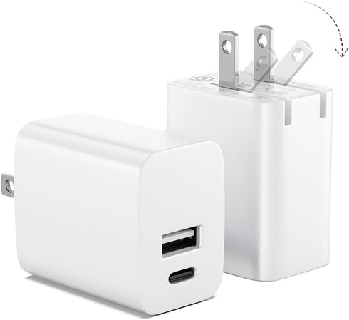 USB C Wall Charger Block 20W, 2-Pack Dual Port Wall Charger Adapter with Foldable Plug, Fast Charger for iPhone 15/15 Pro/14/14 Pro Max/13, Galaxy...