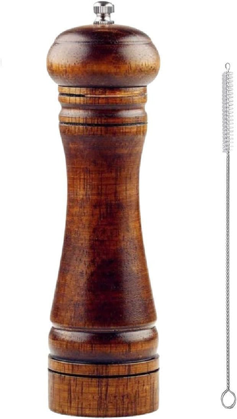 Wooden Pepper Mill or Salt Mill with a cleaning brush - 8 inch tall - Best Pepper or Salt Grinder Wood with a Adjustable Ceramic Rotor and easily ...