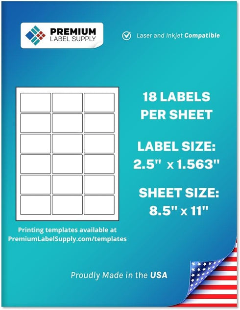 Premium Label Supply White Sticker Rectangle Labels – 2.5” x 1.563" – Laser/Inkjet Compatible – (18 Labels/Sheet), 25 Sheets – 450 Total Adhesive ...