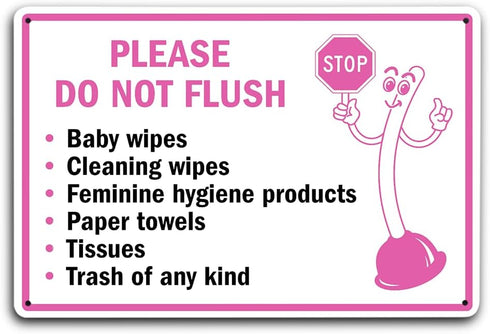 Restroom Reminder Metal Sign 12x8" Playful Toilet Mascot 'Do Not Flush' List - Pink Durable Bathroom Signage for Septic Tank Safety - Educational ...