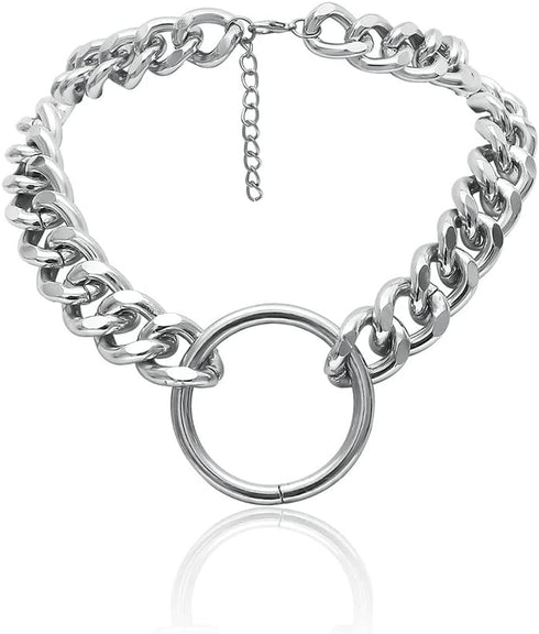 Women's Alloy Choker Necklace Heavy Cuban Chunky Chain Punk Gothic Necklaces - Silver Circle...