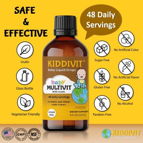 Baby Multivitamin Liquid Drops with Inulin - 48 Daily Servings, 4 Fl Oz (120mL) - Glass Bottle - Sugar Free, Gluten Free, Vegetarian Friendly...