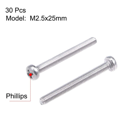 uxcell M2.5x25mm Machine Screws Pan Phillips Cross Head Screw 304 Stainless Steel Fasteners Bolts 30Pcs...