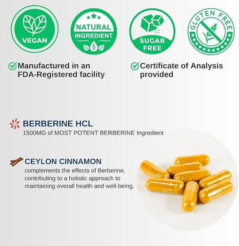 Berberine 1500mg with Ceylon Cinnamon - USA MADE & TESTED - Max Potency Berberine Supplement with Berberine HCL - Immune System - 90 capsules...