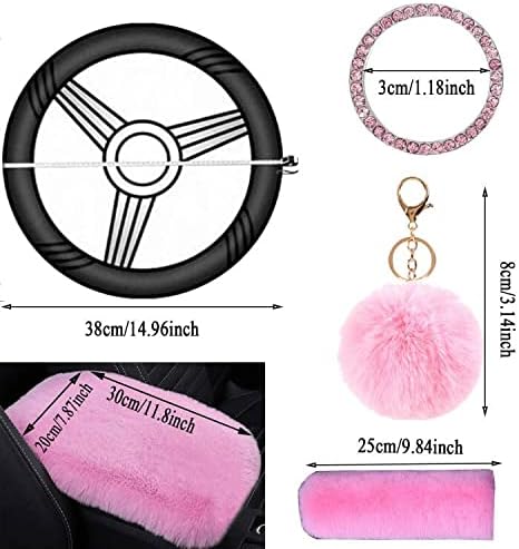 Cute Fluffy Steering Wheel Cover Set, Warm Soft Fur Fuzzy Covers for Women/Girls,Universal 15 Inch 1 Set 8 Pcs Car Accessories (Pink)...