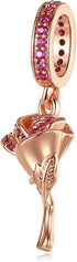 Rose Flower Dangle Charms 14K Rose Gold Plated Pendant for Bracelets...