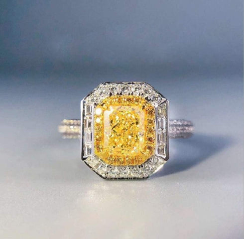 Xiaomei Women 925 Sterling Silver Princess Cut Citrine Ring Cushion Cut Cubic Zirconia CZ Statement Halo Engagement Ring Wedding Jewelry Size 6-10...