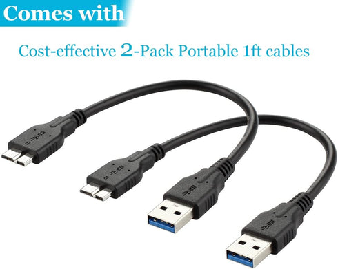 Micro USB 3.0 Cable (2 Pack), 1ft USB 3.0 A to Micro B Cable Cord Compatible with Camera, Seagate External Hard Drive, WD Western Digital My Passp...