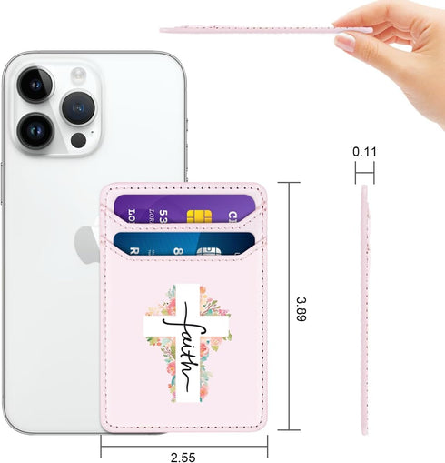 Self Adhesive Card Holder for Back of Phone, Leather RFID Phone Wallet Pockets Stick On, Credit Card Holders Sleeve for Phone Case, Pink...