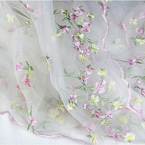 Floral Pattern Fabric 54 inches Width Pink and Yellow Floral Embroidery Organdy Lace Fabric by The Yard...