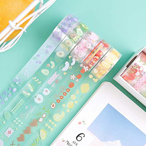 10 Rolls Waterproof Plastic Tape Cute 15mm Wide Self-Adhesive Tape Butterfly and Fruits Pattern Masking Clear Printed Sticker Lovely Gift for Scra...