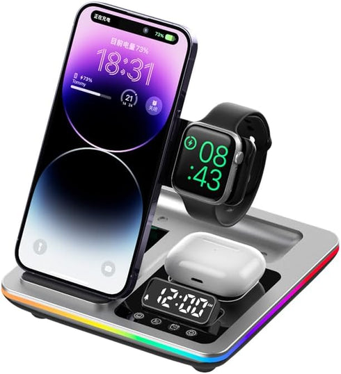 3in1 Wireless Charger Stand 15W Fast Charging for iPhone 15/14/13/12 Pro Max iWatch AirPods Charge Dock Station Holder (Silver), GBT-WD34...