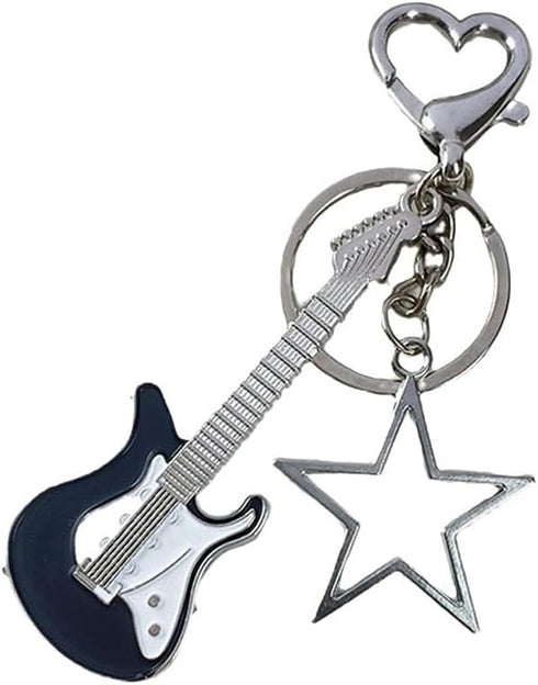Punk Music Bass Electric Guitar Keychain, Guitar Love Heart Star Key Teens Girls Music Lovers...