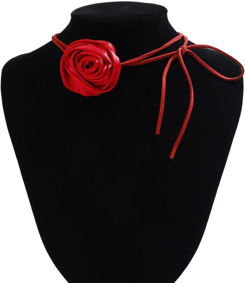 Vintage Rose Flower Long Wrap Necklace Suede Rope Tassel Tie Necklace Handmade Satin Flower Elegant Jewelry for Women and Girls...