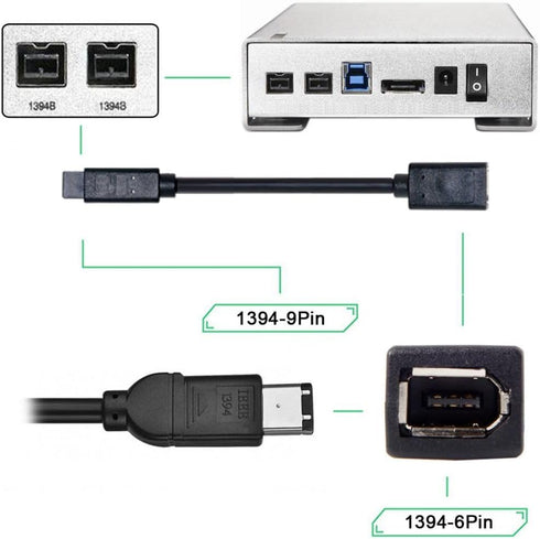 JSER IEEE 1394 6Pin Female to 1394b 9Pin Male Firewire 400 to 800 Cable 20cm Firewire 800 400 Cable 6 Feet 9 Pin to 6 Pin...