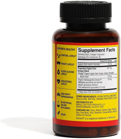 Bragg Daily Balance Apple Cider Vinegar and Sensoril Ashwagandha Capsules - 750mg of Acetic Acid – Energy & Weight Management Support - Natural Ev...