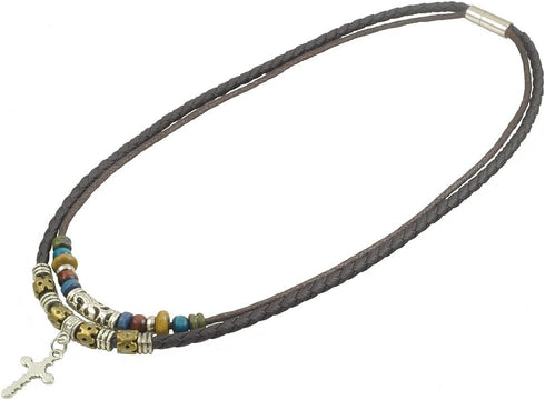 Hemp Leather Beads Choker Necklace,15.5 Inches,Brown,Cross Pendant...