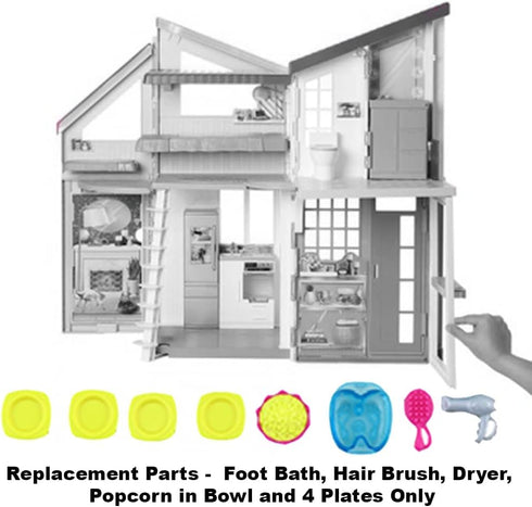 Mattel Replacement Barbie Size Foot Bath, Hair Brush and Dryer, Popcorn in Bowl and 4 Plates for Barbie Malibu Dollhouse Playset - FXG57, Yellow, ...