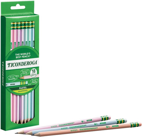 Ticonderoga Wood-Cased Pencils, Pre-Sharpened, 2 HB Soft, Pastel Colors, 18 Count...