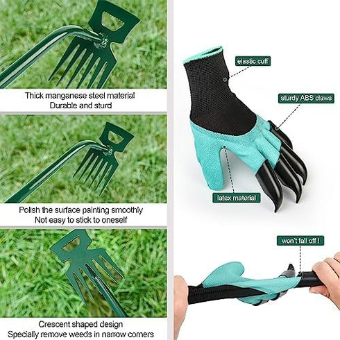 Weeding Artifact Uprooting Weeding Tool Claw Gloves Kit, 6 Teeth Dual Purpose Weed Puller, for Yard Farm Gardening Cultivating Loosening Weeding M...