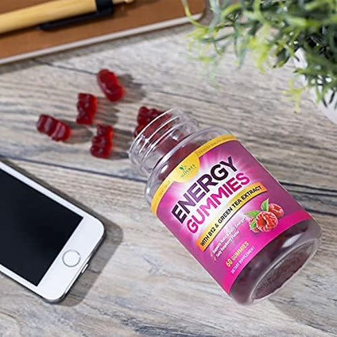 Energy Gummies Vitamin B12, Green Tea & Natural Caffeine, Extra Strength 1000 mcg Daily Energy Vitamins, Delicious Raspberry Flavor Gummy Chewable...