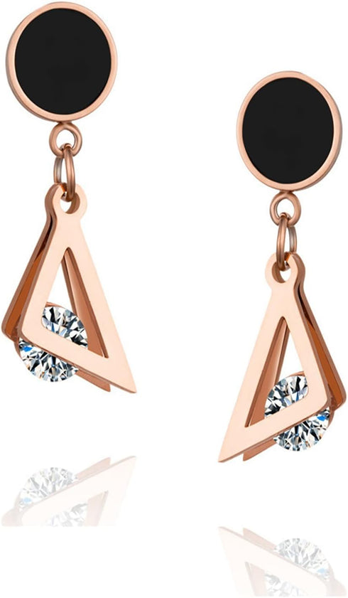 Women's Earrings,18K Rose Gold Plated Earrings Women with Double Titanium Steel Triangular and Zirconia, Nice Women Earrings Gift...