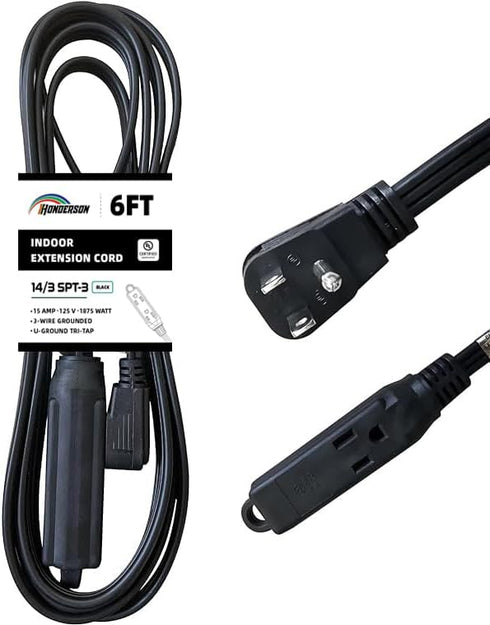 HONDERONS 6FT 3 Outlets Black Extension Cord with Flat Plug, 14/3 SPT-3 Extension Cable 3 Prong Grounded, Durable Power Cable for Home, Office...