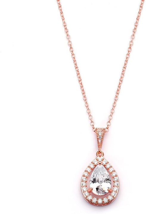 Mariell Rose Gold Cubic Zirconia Crystal Bridal Necklace, Teardrop Pendant Wedding Prom Jewelry Gift...