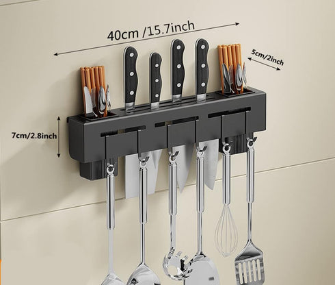 Wall Mount Utensil Holder, 15.7'' Stainless Steel Kitchen Utensil Rack, Multi-use Hanging Storage Organizer Rack with Knife Holder, Towel Bar, Fla...
