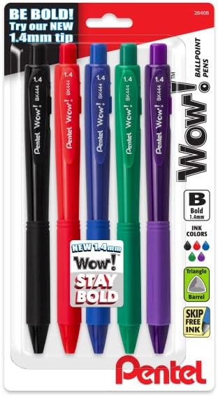 Pentel Wow! Retractable Ballpoint Pen, (1.4mm) Bold Line, Assorted Ink Colors, 5 Pack...