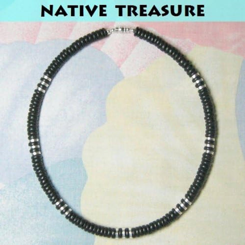 18" Raiders Black Wood Coco Silver Beaded Necklace - 8mm (5/16")...