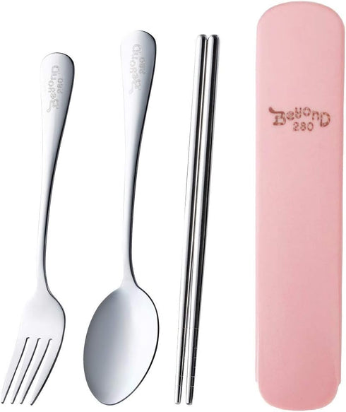 Portable 3 Pieces Flatware Set for School Work Travel Outdoor, Stainless Steel Fork Spoon Chopsticks (Pink Case)...