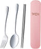 Portable 3 Pieces Flatware Set for School Work Travel Outdoor, Stainless Steel Fork Spoon Chopsticks (Pink Case)...