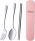 Portable 3 Pieces Flatware Set for School Work Travel Outdoor, Stainless Steel Fork Spoon Chopsticks (Pink Case)...