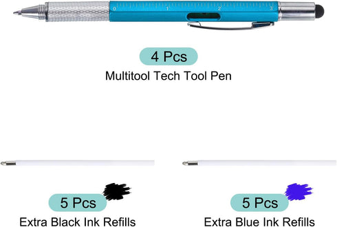 MECCANIXITY 4pcs 6 in 1 Multitool Tech Tool Pen Gifts for Men with Ballpoint Pen, Ruler, Screwdriver, Stylus, Level Gauge, Refills for Christmas B...