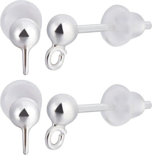 Beebeecraft 1 Box 10Pcs Ball Stud Earring Findings 925 Sterling Silver Stud Earring Posts Finding Kit with Loop and Plastic Ear Nuts for Women Jew...