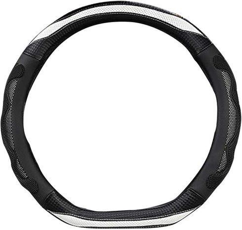 D Cut Steering Wheel Cover - D Shaped Flat Bottom Microfiber Leather Anti-Skid Breathable Fit 14.5"-15" (Black White)...