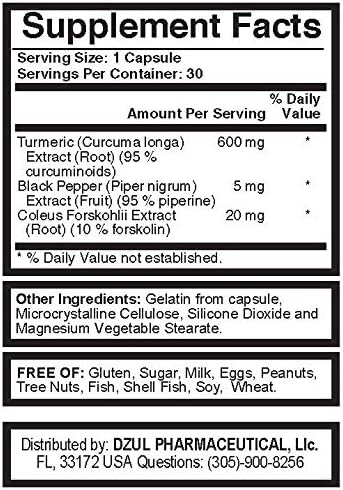 Dzul Pharma's Turmeric Plus Coleus Forskohlii. and Bioperine, 30 Capsules...